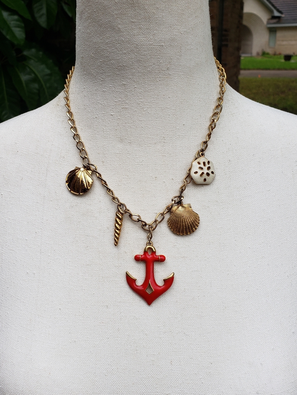 Nautical Charm Anchor Necklace - Red & Gold-Vintage